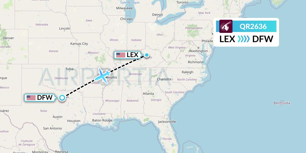 QR2636 Qatar Airways Flight Map: Lexington to Dallas