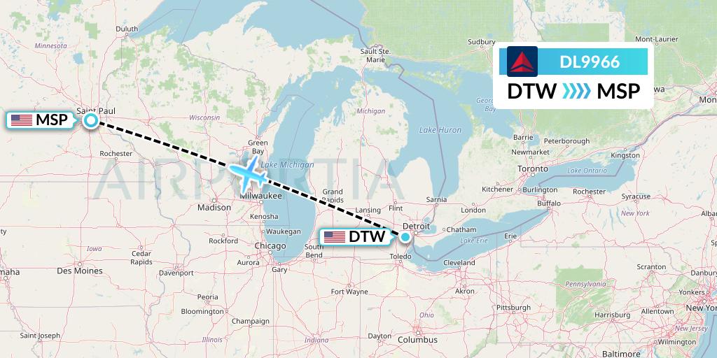 DL9966 Delta Air Lines Flight Map: Detroit to Minneapolis