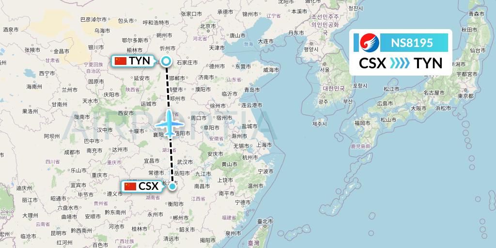 NS8195 Hebei Airlines Flight Map: Changsha to Taiyuan