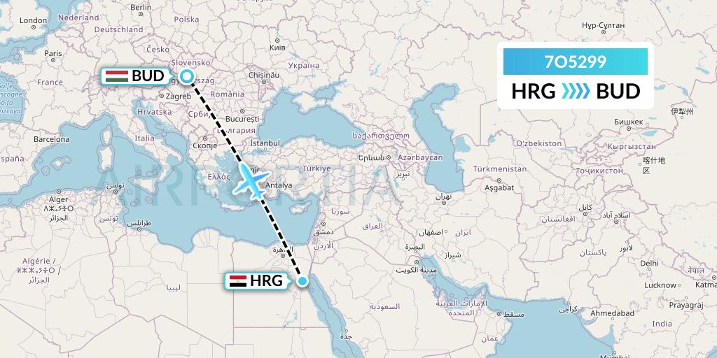 7O5299 Travel Service Hungary Flight Map: Hurghada to Budapest