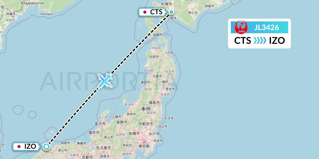 JL3426 Japan Airlines Flight Map: Sapporo to Izumo