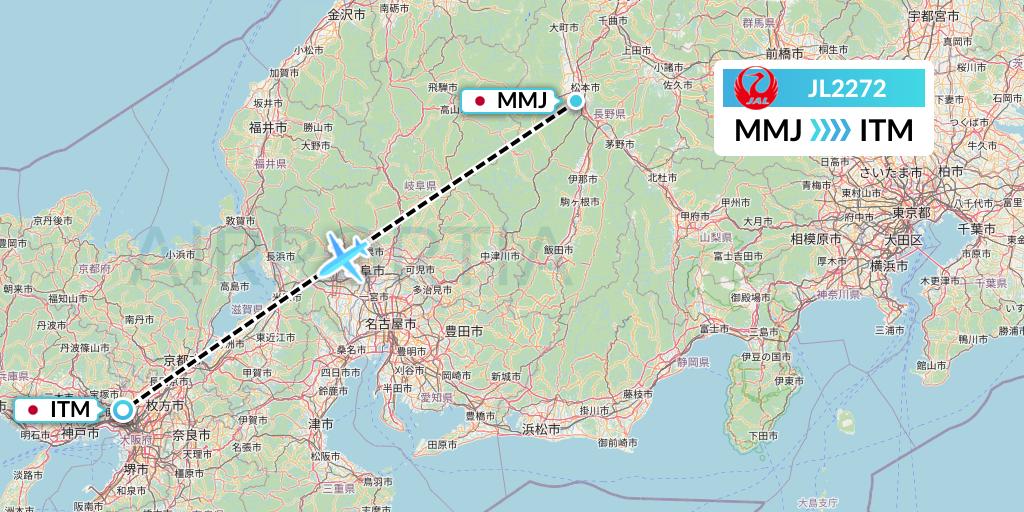 JL2272 Japan Airlines Flight Map: Matsumoto to Osaka