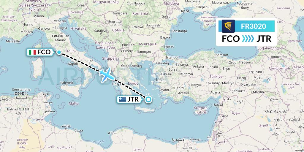 FR3020 Ryanair Flight Map: Rome to Santorini