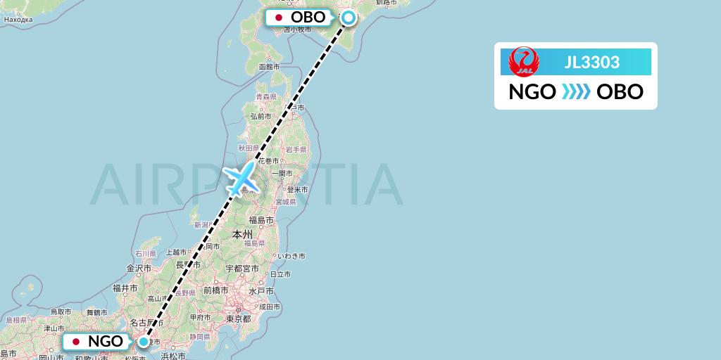 JL3303 Japan Airlines Flight Map: Nagoya to Obihiro