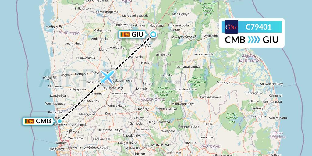 C79401 Cinnamon Air Flight Map: Colombo to Sigiriya