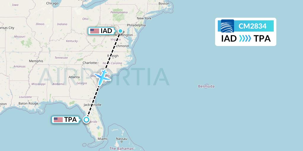 CM2834 Copa Airlines Flight Map: Washington to Tampa