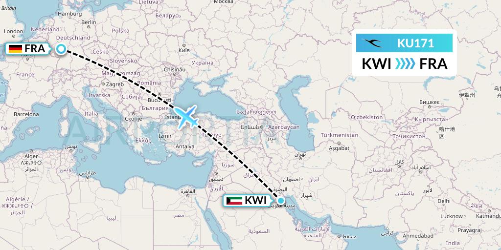 KU171 Kuwait Airways Flight Map: Kuwait City to Frankfurt