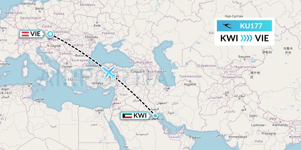 KU177 Kuwait Airways Flight Map: Kuwait City to Vienna