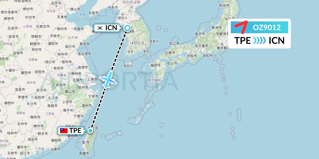 OZ9012 Asiana Airlines Flight Map: Taipei to Seoul