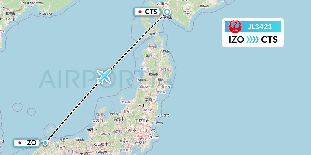 JL3421 Japan Airlines Flight Map: Izumo to Sapporo