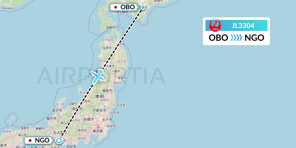JL3304 Japan Airlines Flight Map: Obihiro to Nagoya