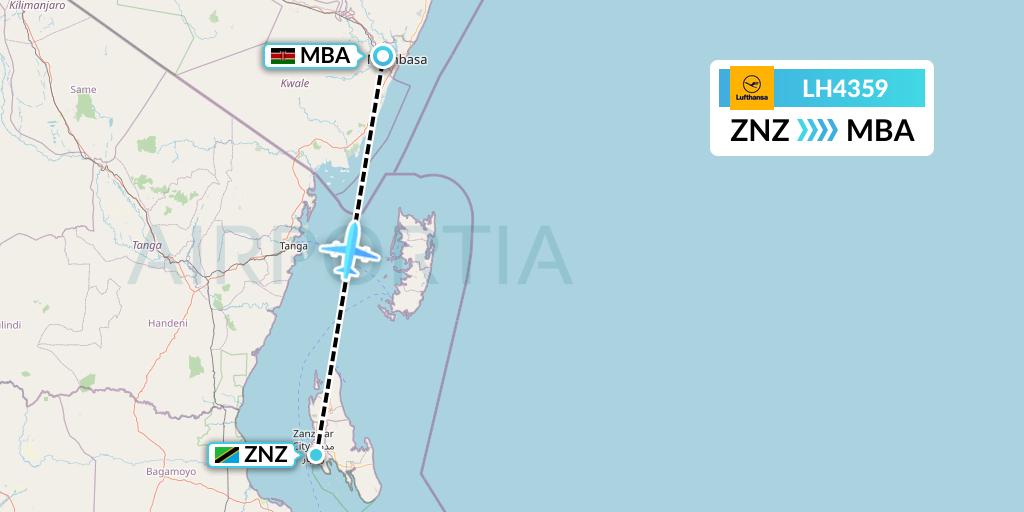 LH4359 Lufthansa Flight Map: Zanzibar to Mombasa