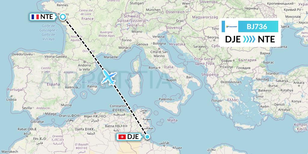 BJ736 Nouvelair Tunisie Flight Map: Djerba to Nantes