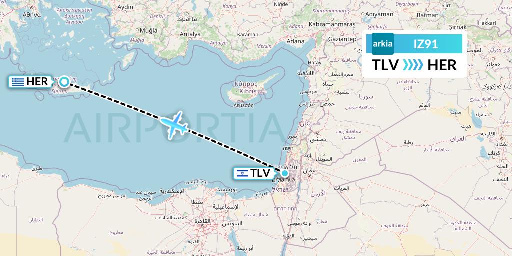IZ91 Arkia Israeli Airlines Flight Map: Tel Aviv to Heraklion