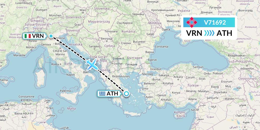 V71692 Volotea Flight Map: Verona to Athens