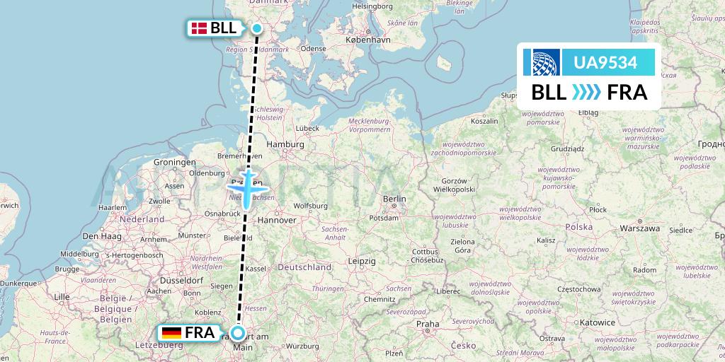 UA9534 United Airlines Flight Map: Billund to Frankfurt