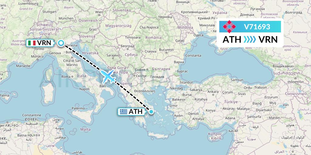 V71693 Volotea Flight Map: Athens to Verona