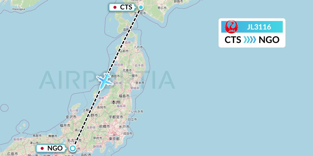 JL3116 Japan Airlines Flight Map: Sapporo to Nagoya