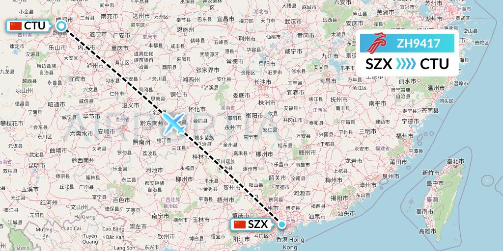 ZH9417 Shenzhen Airlines Flight Map: Shenzhen to Chengdu