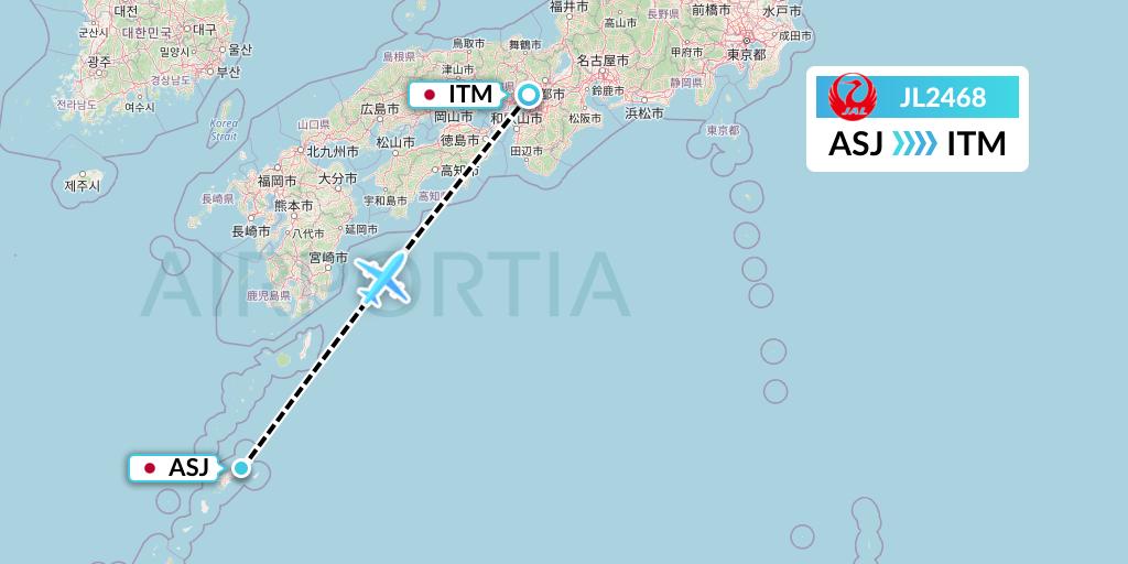 JL2468 Japan Airlines Flight Map: Amami to Osaka