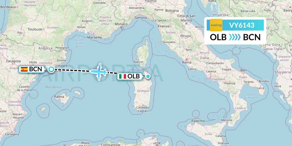 VY6143 Vueling Flight Map: Olbia to Barcelona