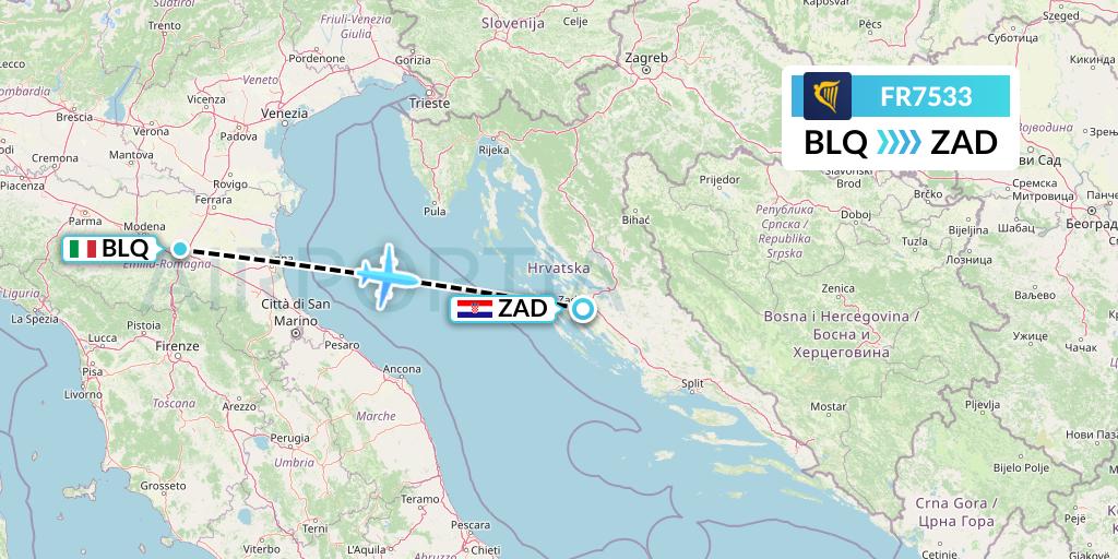 FR7533 Ryanair Flight Map: Bologna to Zadar