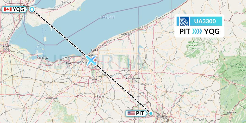 UA3300 United Airlines Flight Map: Pittsburgh to Windsor