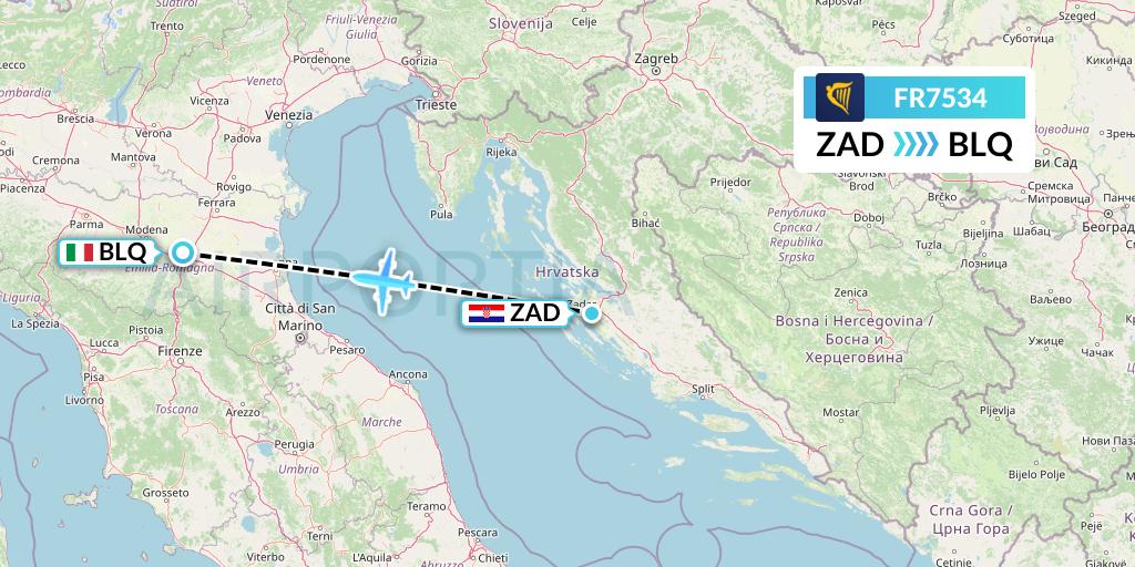 FR7534 Ryanair Flight Map: Zadar to Bologna