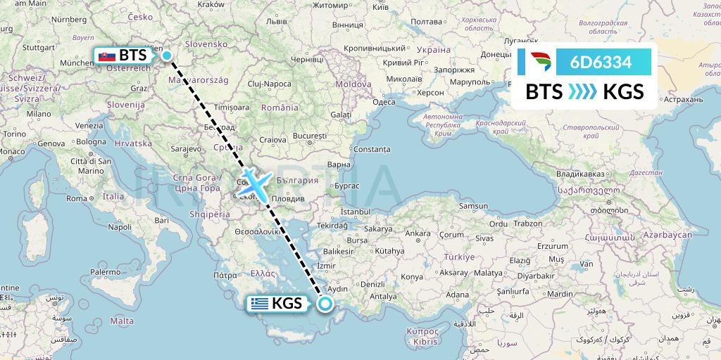 6D6334 Travel Service Slovakia Flight Map: Bratislava to Kos