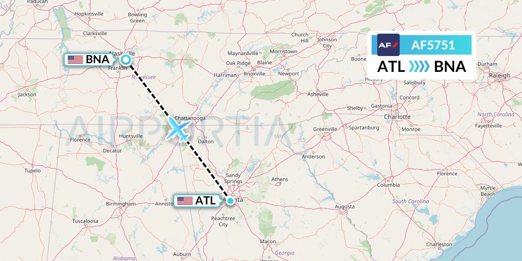 AF5751 Air France Flight Map: Atlanta to Nashville