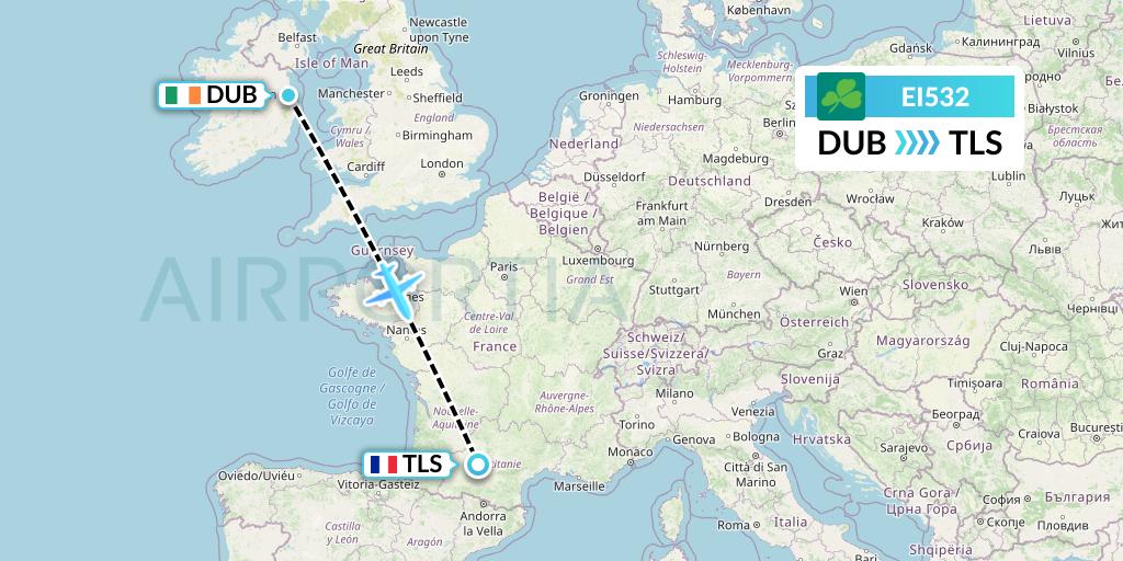 EI532 Aer Lingus Flight Map: Dublin to Toulouse
