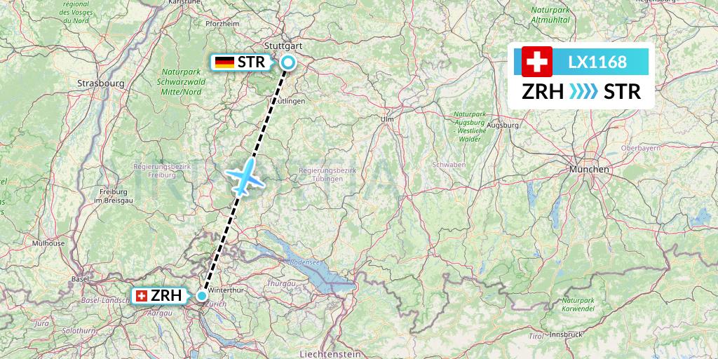 LX1168 Swiss Flight Map: Zurich to Stuttgart