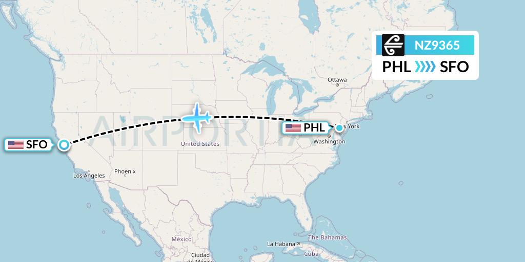 NZ9365 Air New Zealand Flight Map: Philadelphia to San Francisco
