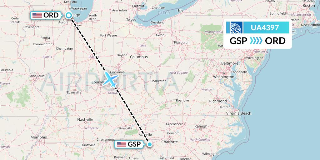 UA4397 United Airlines Flight Map: Greenville-Spartanburg to Chicago