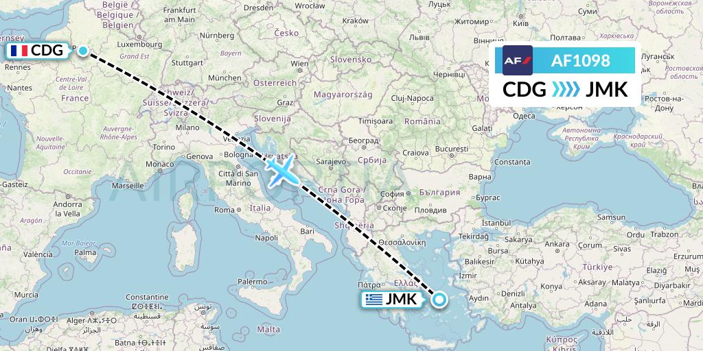 AF1098 Air France Flight Map: Paris to Mykonos