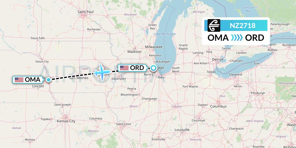 NZ2718 Air New Zealand Flight Map: Omaha to Chicago