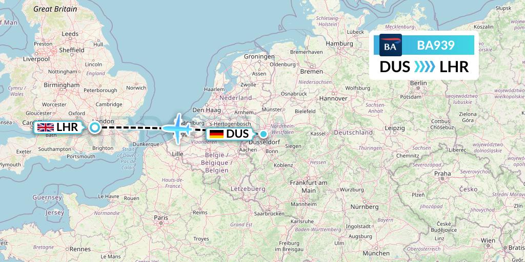 BA939 British Airways Flight Map: Dusseldorf to London