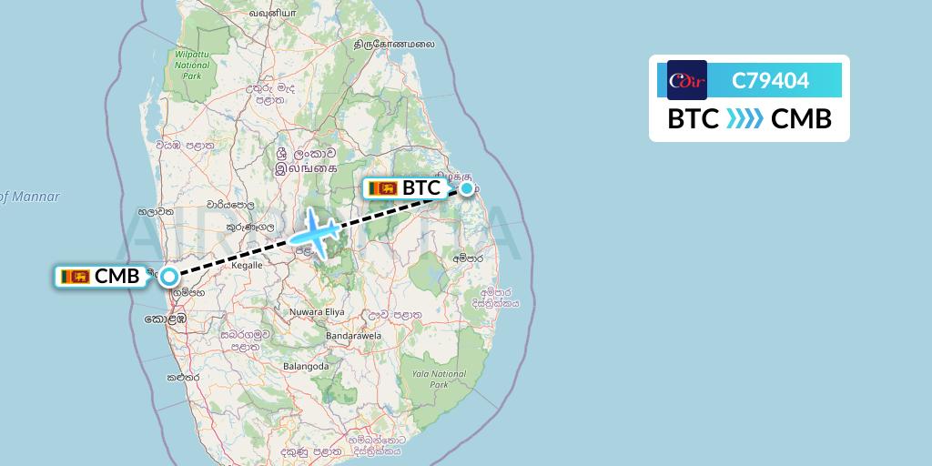 C79404 Cinnamon Air Flight Map: Batticaloa to Colombo
