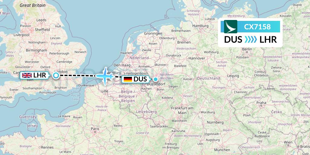 CX7158 Cathay Pacific Flight Map: Dusseldorf to London