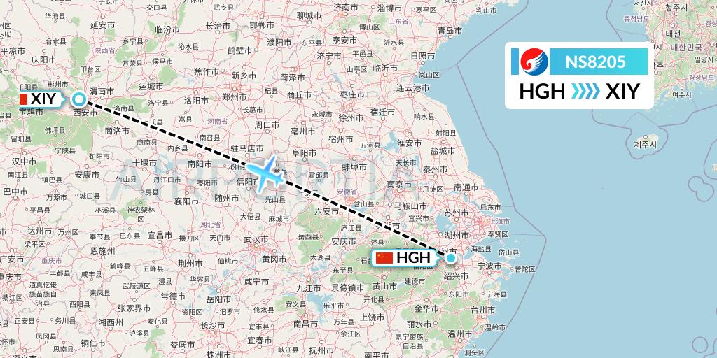NS8205 Hebei Airlines Flight Map: Hangzhou to Xi'an
