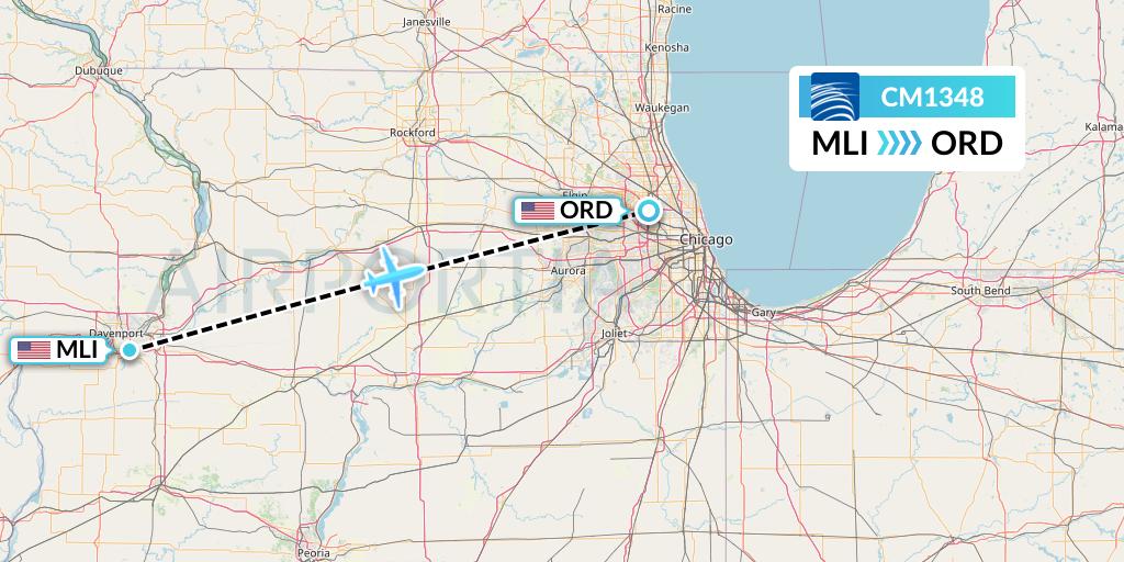 CM1348 Copa Airlines Flight Map: Moline to Chicago
