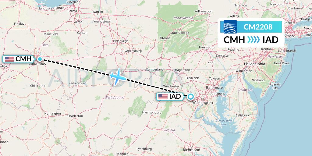 CM2208 Copa Airlines Flight Map: Columbus to Washington
