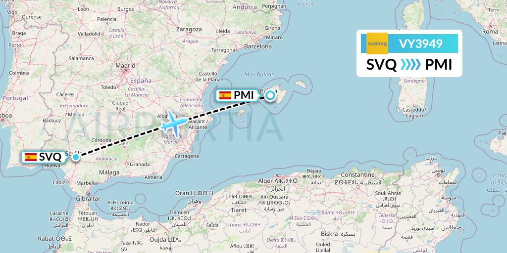 VY3949 Vueling Flight Map: Seville to Palma de Mallorca