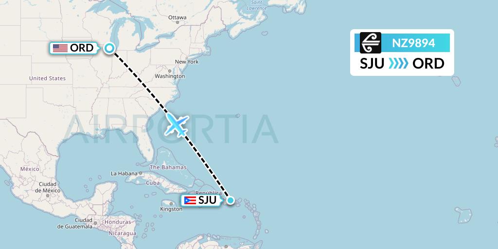 NZ9894 Air New Zealand Flight Map: San Juan to Chicago
