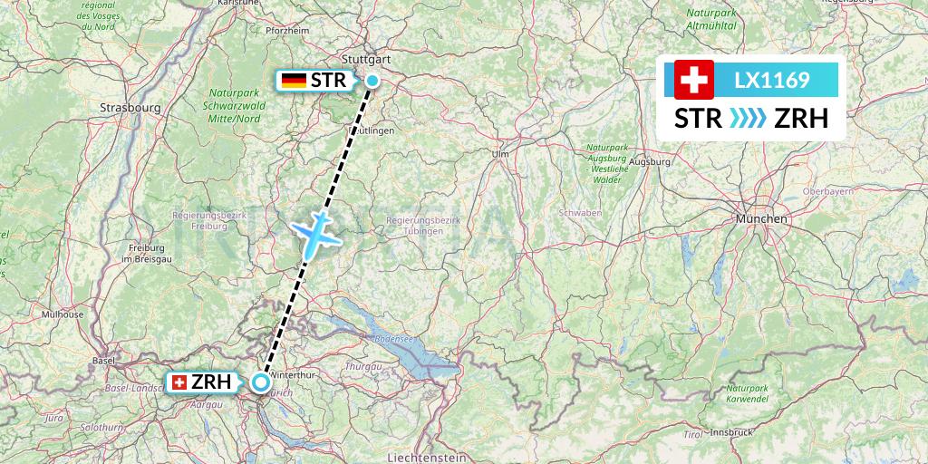 LX1169 Swiss Flight Map: Stuttgart to Zurich
