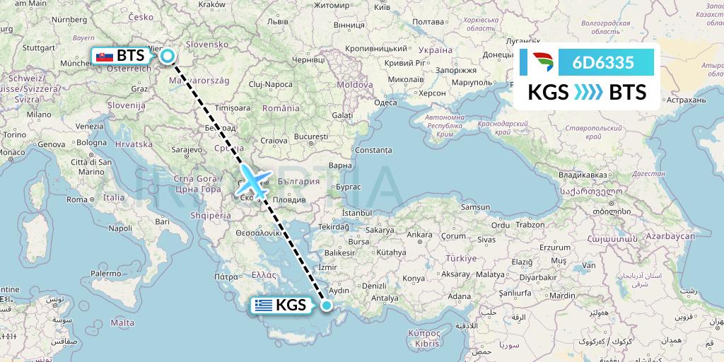 6D6335 Travel Service Slovakia Flight Map: Kos to Bratislava