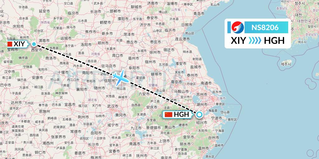 NS8206 Hebei Airlines Flight Map: Xi'an to Hangzhou