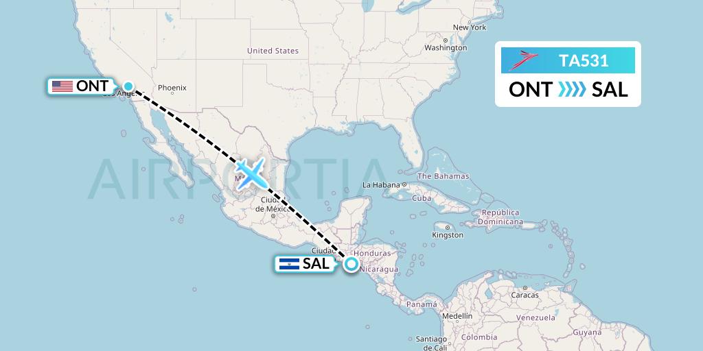 TA531 TACA Airlines Flight Map: Ontario to San Salvador