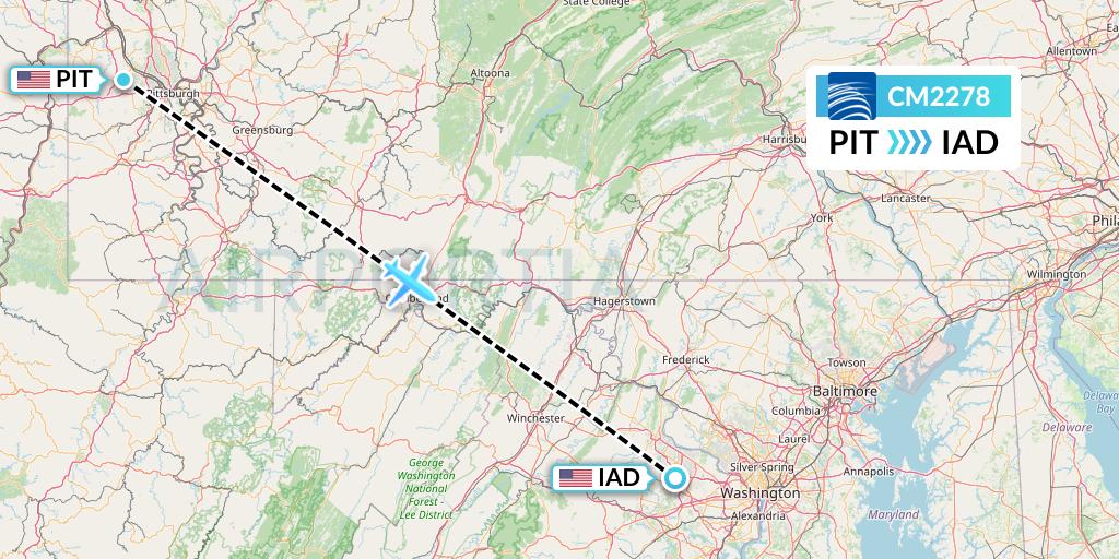 CM2278 Copa Airlines Flight Map: Pittsburgh to Washington