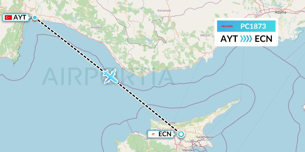 PC1873 Pegasus Airlines Flight Map: Antalya to Tymvou